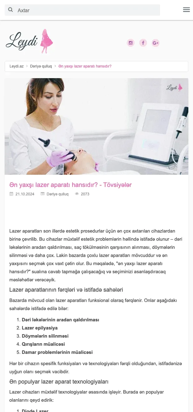 A Leydi.az article on a phone, with a collapsed menu, the search field and comfortably readable body text