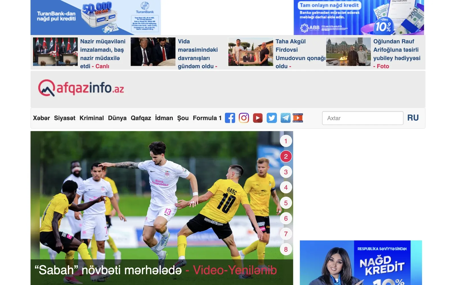 The Qafqazinfo.az home page, with the category navigation, the lead story carousel and the day's news feed