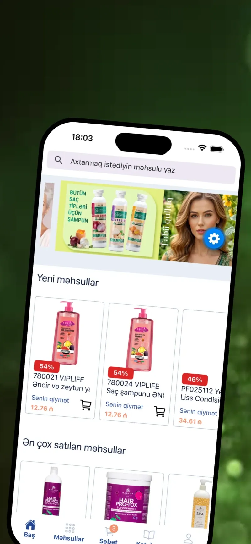 The Viplife app home screen on an iPhone, with the search bar, a promotional banner and the new-products row