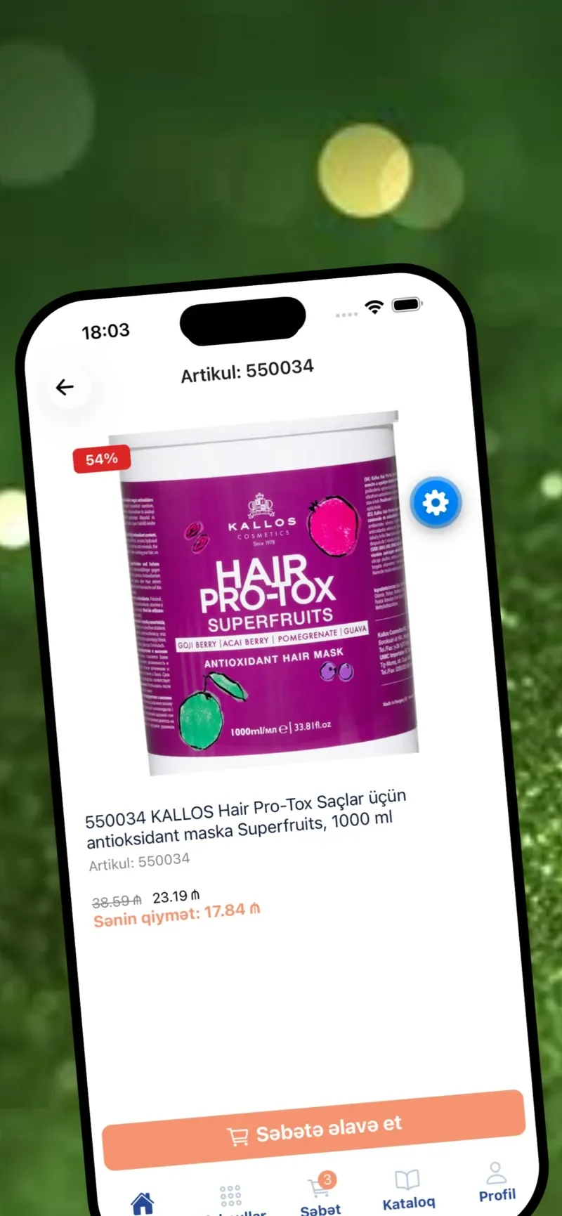 A product screen in the Viplife app, showing a hair mask with its discounted price and an add-to-basket button