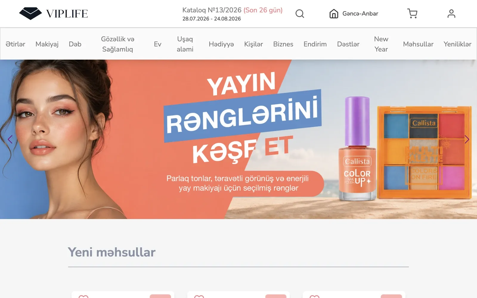 The Viplife.az home page, with the category menu, the campaign banner and the new-products row